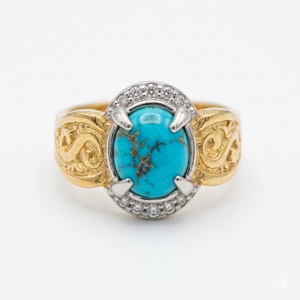 Original Feroza Woman Ring Natural Turquoise Gemstone